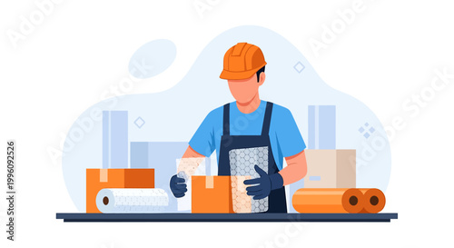 Construction worker in hard hat packing boxes for shipping.