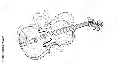 Detailed sketch of a violin with musical notes.
