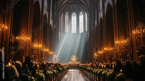Majestic Cathedral Interior with Sunbeams During Religious Ceremony, Golden Gothic Architecture