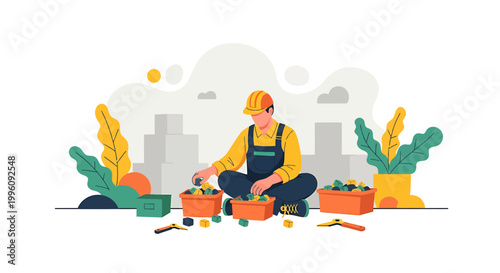Construction worker sorting materials at a site.