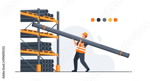 Construction worker carrying long pipe in warehouse storage.