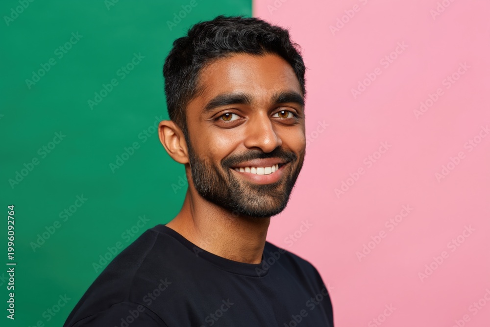 Obraz premium Man smiling in three quarter profile against green pink background
