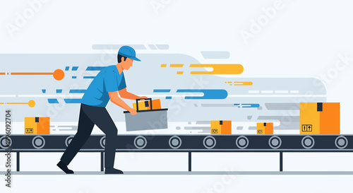 Delivery worker placing package on conveyor belt for shipping.