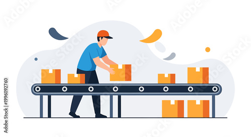 Factory worker placing boxes on a conveyor belt for shipping.