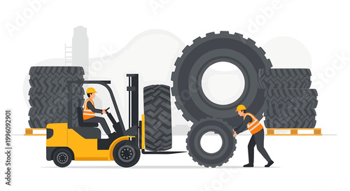 Forklift moving large tires in industrial warehouse setting.
