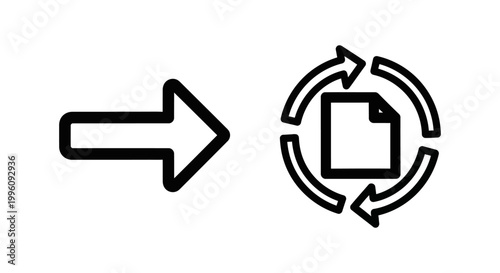 Icons of one-way arrow and synchronization with document synchronization document transfer workflow direction movement exchange connection illustration minimalist background technology