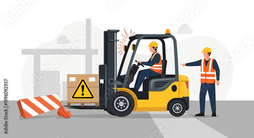 Forklift operator and construction worker collaborating on warehouse logistics.