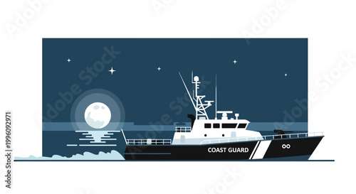 Coast Guard Boat Sailing at Night.