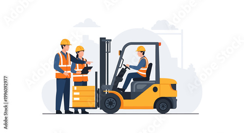 Forklift Operator and Supervisors Inspecting Warehouse Operations.