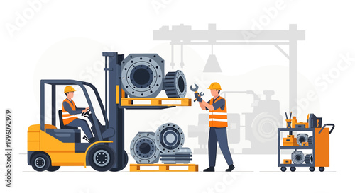 Forklift operator and mechanic working together in a factory setting.