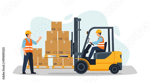 Forklift operator and worker moving boxes in warehouse.