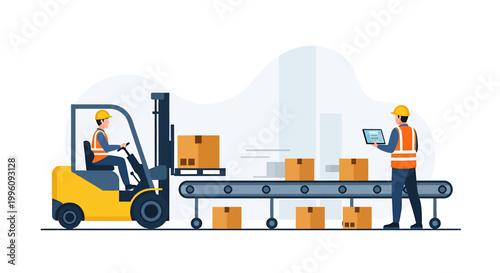 Forklift operator and worker with conveyor belt and boxes in warehouse.