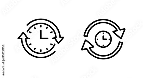 Scheduled sync icons showing circular arrows around clocks with schedule synchronization circular information transfer technology automation illustration minimalist connection workflow