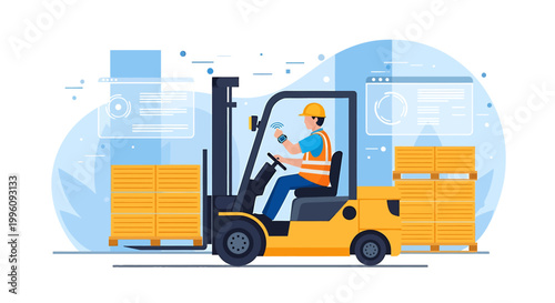 Forklift operator driving a yellow forklift in a warehouse moving pallets.