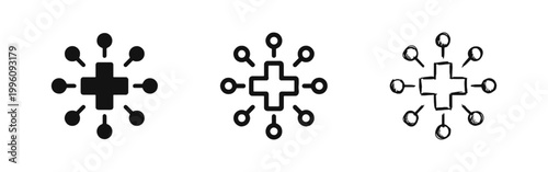 Medical Network Center Icon Set with Plus Symbol in Solid, Outline, and Hand-Drawn Styles