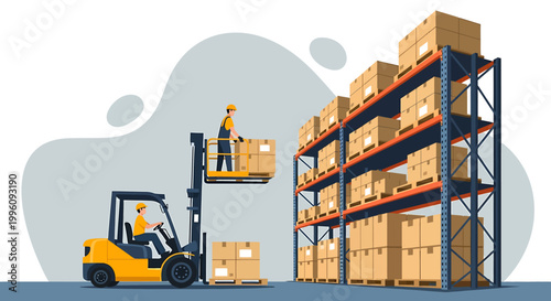 Forklift operator loading boxes onto high shelves in a warehouse.