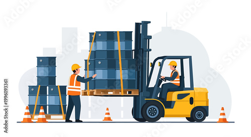 Forklift truck lifting heavy barrels in warehouse loading area.