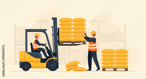 Forklift truck lifting pallet of sacks with worker in warehouse.