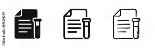 Medical Test Result Icon Set with Document and Test Tube in Solid, Outline, and Hand-Drawn Styles