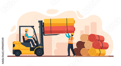 Forklift truck loading logs at a lumber yard with workers.