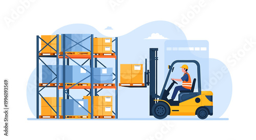 Forklift truck moving boxes in a warehouse storage facility.