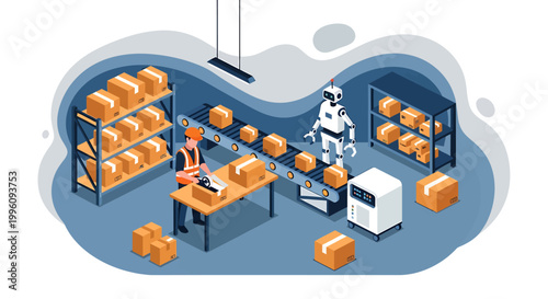 Modern warehouse automation with robots and workers.
