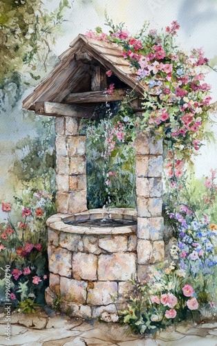 Watercolor Rustic Stone Wishing Well with Blooming Flowers in Garden, Hand Painted Art