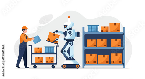 Robot and worker collaborate in warehouse logistics automation.