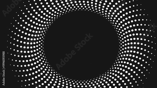 Abstract animated background featuring rotating spiral of white dots forming circular frame on black background, dynamic motion creating zoom in and out effect and clean empty copy space in center.