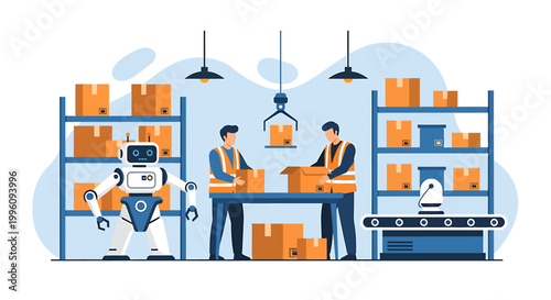 Robot and workers in a modern warehouse with automated systems.