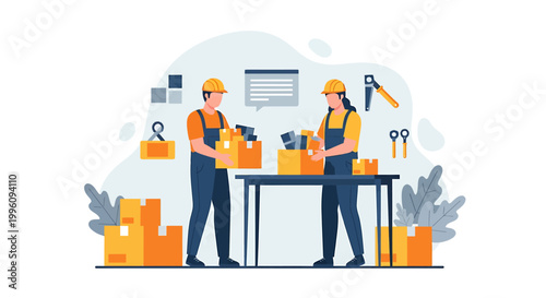 Two construction workers packing boxes on a table.