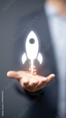 Glowing Digital Rocket Launching from Human Hand Innovation and Success Business Concept