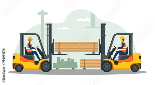 Two Forklifts Transporting Wooden Planks at a Warehouse.
