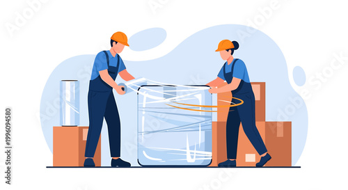 Two movers carefully wrapping a large appliance with plastic wrap for moving.