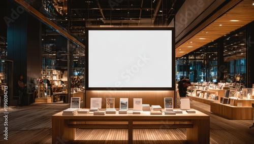 Blank White Projector Screen Displaying Information in a Modern Retail Store.