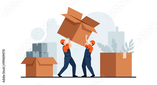 Two movers carrying a large cardboard box together.