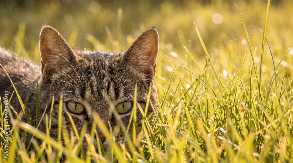 Fototapeta premium Cat crouched in grass demonstrates natural predatory behavior and stealth, symbolizing agility and environmental awareness.