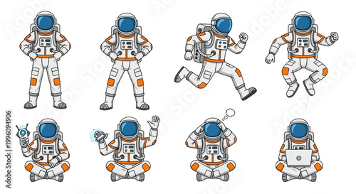 Astronauts Poses Collection Vector Illustration.