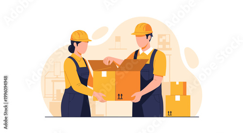Two Movers Wearing Yellow Hard Hats and Blue Overalls Holding a Cardboard Box.