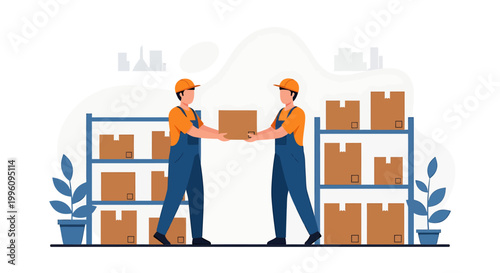 Two warehouse workers moving a box between shelves full of packages.
