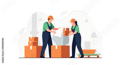 Two warehouse workers loading boxes onto a pallet.