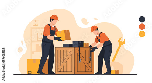 Two workers carefully packing boxes for shipping and logistics.