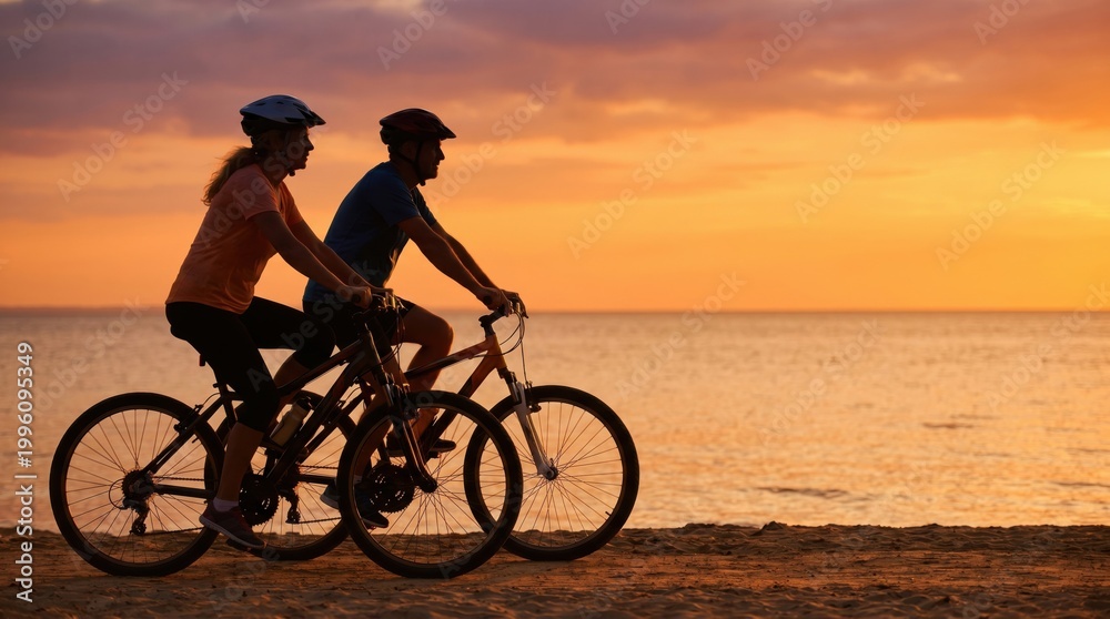 Fototapeta premium Mature couple enjoying active healthy lifestyle and cycling at golden hour