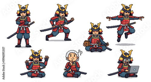 Collection of Samurai Warriors in Various Poses and Actions.