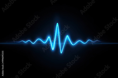 Abstract Blue Neon Sound Wave Pulse on Black Background.