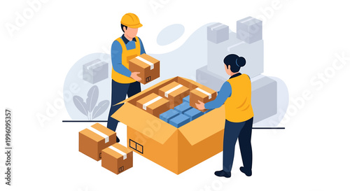 Two workers packing boxes for shipping and delivery service.
