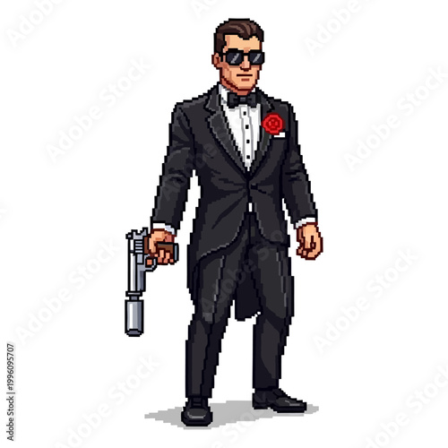 Fotografia pixel art illustration of a suave spy in a tuxedo holding a silenced pistol