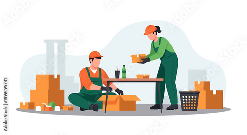 Two workers packing boxes in a warehouse setting.