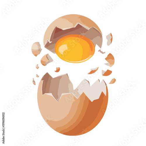 A broken egg with a runny yolk isolated on white background, Vector