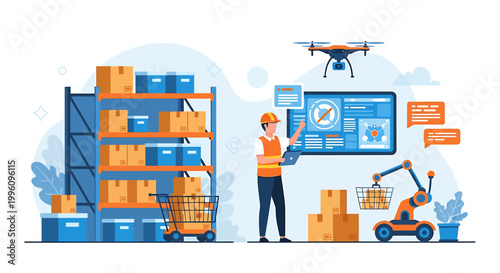 Warehouse automation with drone and robot technology.